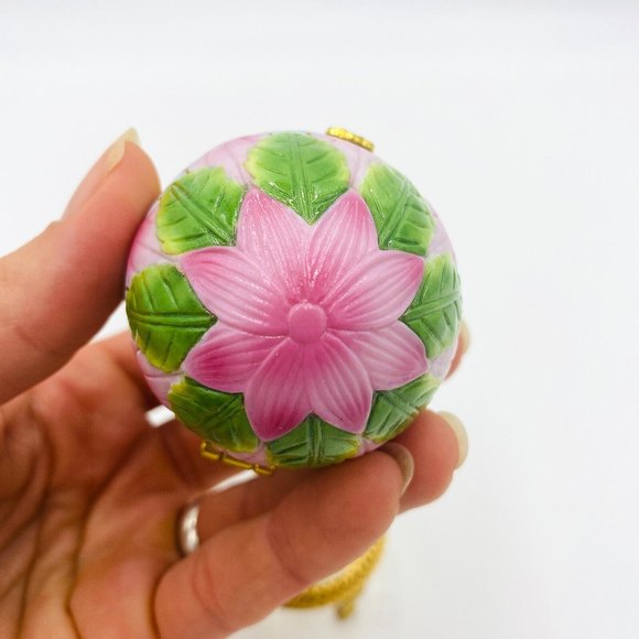 Vintage Porcelain Egg Hummingbird Club Floral Trinket Box w/ Gold Colored Stand - Picture 6 of 9